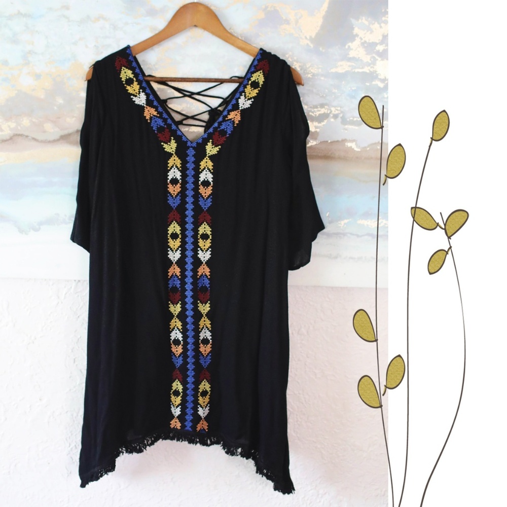 Black embroidered fringe dress